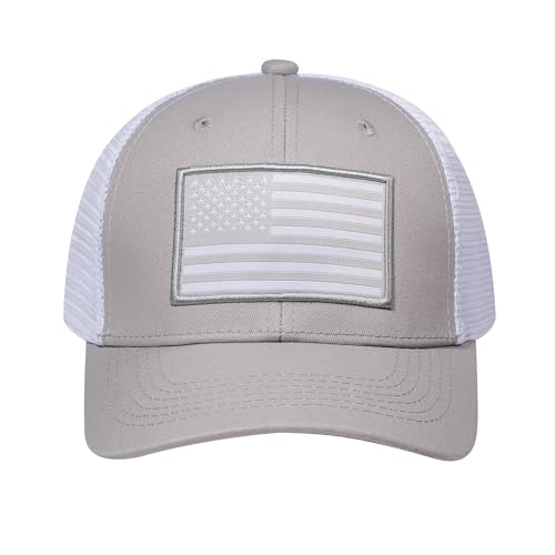 American Flag Trucker Hat, Patriotic Baseball Cap for Men & Women, Breathable Mesh Adjustable Snapback, USA Flag Patch - color: Gray/White