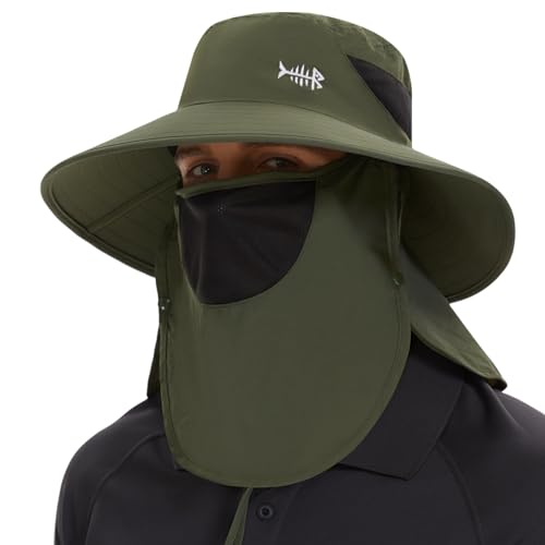 BASSDASH UPF 50+ Breathable Sun Hat with Removable Face Cover and Neck Flap Wide Brim Bucket Hat for Fishing Hiking Men Women - color: Army Green