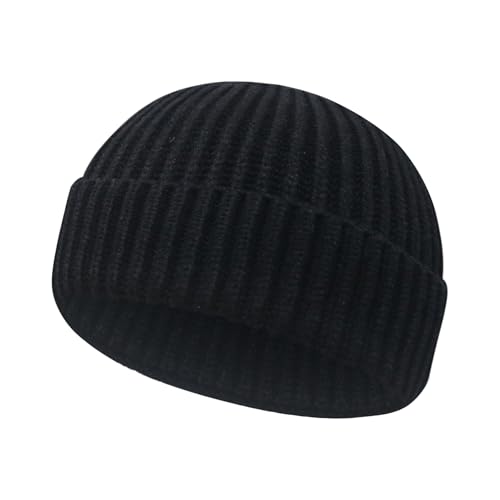 Wool Fisherman Beanies for Men Women Short Cuff Knit Beanie - color: Black