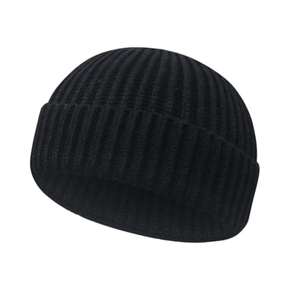 Wool Fisherman Beanies for Men Women Short Cuff Knit Beanie - color: Black