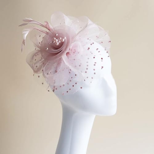 WLBON Fascinators Hat 20s 50s Headband Hair Clips Flower Mesh Veil Feather Headpiece Headwear Women Halloween Carnival Cocktail Wedding Church Cosplay Dress Up Birthday Tea Party Accessories Pink - color: Light Pink