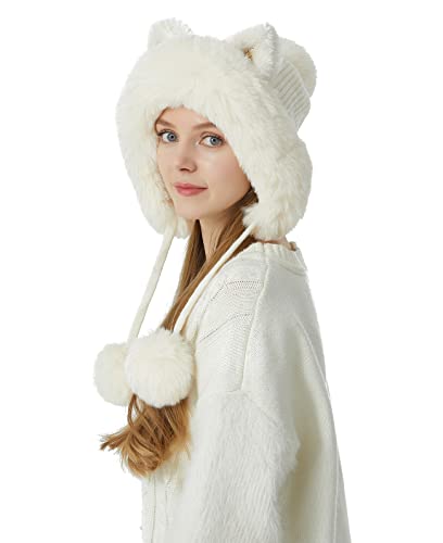 HUAMULAN Women Winter Sherpa Knit Beanie Hat Fleece Lined Ear Flaps - color: Cream White