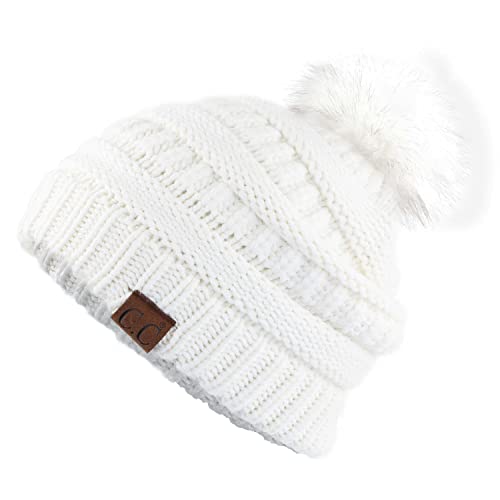 C.C Fur Pom Winter Fall Trendy Chunky Stretchy Cable Knit Beanie Hat - color: Snuggly Soft Ivory