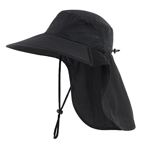 Home Prefer Outdoor UPF50+ Sun Hat Wide Brim Mesh Fishing Hat with Neck Flap - color: Black