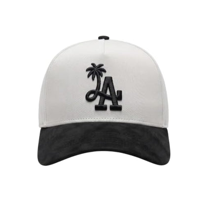 LA Palm Tree Baseball - Premium A-Frame Snapback One Size Fits All Men's and Women's Hat Adjustable Cotton Suede - color: Off White With Black