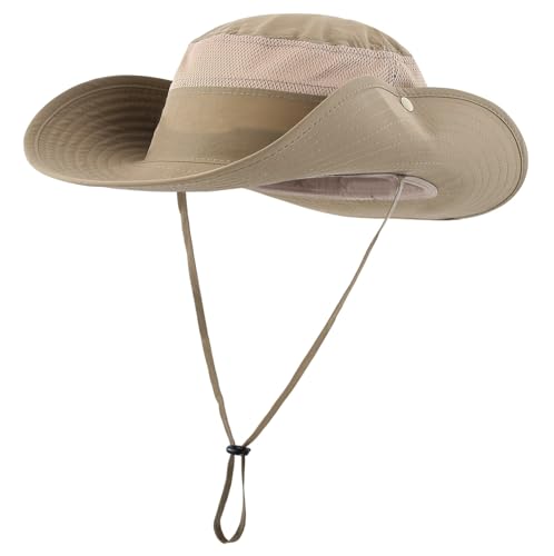 Connectyle UPF 50+ Wide Brim Sun Hat for Men Breathable Cowboy Boonie Hats Outdoor Bucket Hat for Fishing Hiking Safari - color: Dark Khaki