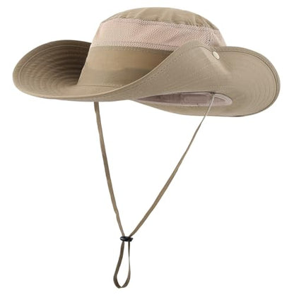 Connectyle UPF 50+ Wide Brim Sun Hat for Men Breathable Cowboy Boonie Hats Outdoor Bucket Hat for Fishing Hiking Safari - color: Dark Khaki