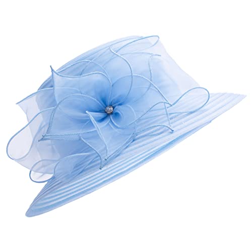 Womens Wedding Occasion Floral Wide Brim Church Dressy Sun Hat A323 - color: Blue