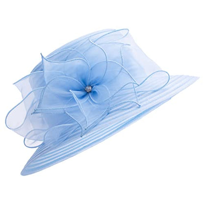 Womens Wedding Occasion Floral Wide Brim Church Dressy Sun Hat A323 - color: Blue