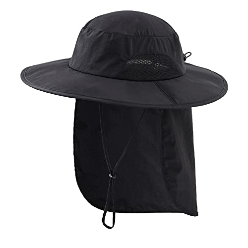 Home Prefer Outdoor UPF50+ Mens Sun Hat with Neck Flap Womens UV Protection Hat Wide Brim Safari Fishing Hiking Gardening Hat - color: Black