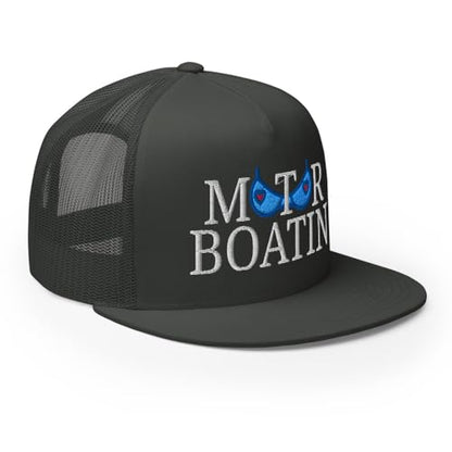 NX Motor Boatin Embroidered Flat Bill Trucker Hat High Crown Snapback Cap - color: Charcoal