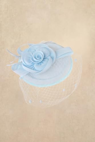 BABEYOND Fascinators Hats for Women Flower Veil Feather Pillbox Derby Hat - color: Light Blue