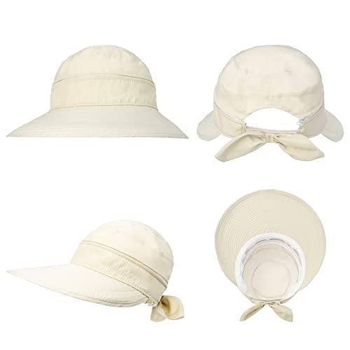 Womens Large Brim Sun Hat Uv Protection 2 in 1 Zip-Off Sun Protection Visor Beach Hat Packbale Foldable - color: Beige
