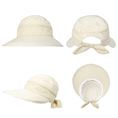 Womens Large Brim Sun Hat Uv Protection 2 in 1 Zip-Off Sun Protection Visor Beach Hat Packbale Foldable - color: Beige