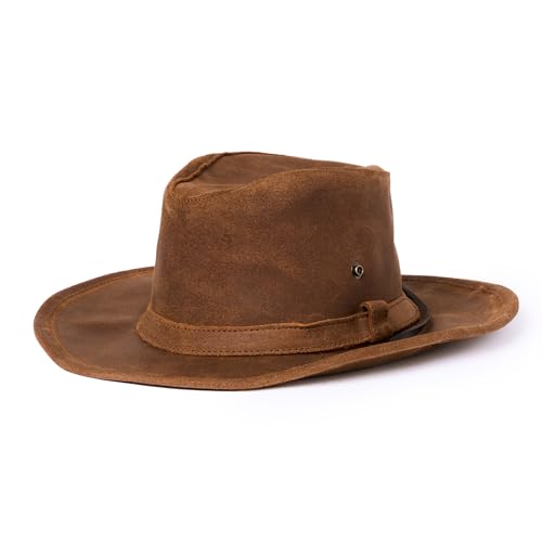 Minnetonka Unisex Aussie Leather Hat with Adjustable Chin Strap - color: Brown, size: Small