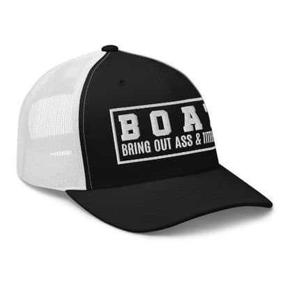NG Boat Bring Out Ass and Titties Curved Bill Trucker Hat Mid Crown Adjustable Funny Adult Humor Cap - color: Black/ White