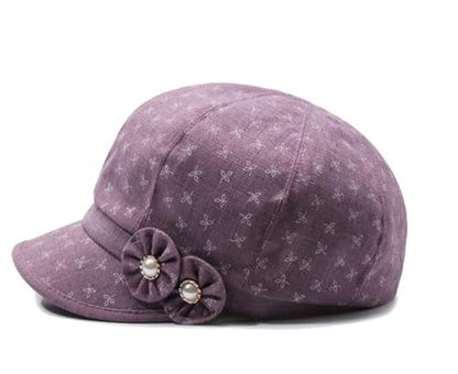 Women's Lady's Cotton Beret Cap Newsboy Cap Drawing Beret Hat Bakerboy Cabbie Cap with Bowknot Decor - color: Purple
