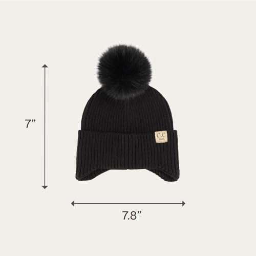 C.C Kids Ear Flap Fur Pom Beanie for Boys Girls - Comfortable Soft Warm Children Youth Knit Skully Hat with Faux Fur Pom - color: Black