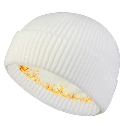 Heniho Wool Fleece Lined Fisherman Beanie for Men, Winter Warm Hats Cuffed Knit Watch Cap Trawler Hat - color: 1pack H- White