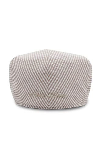 Brooks Brothers Men’s Seersucker Ivy Cap – with Logo Lining & Sweatband – Woven Cotton Hat - color: Camel Stripe, size: Small-Medium