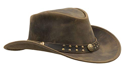 Walker and Hawkes Unisex Leather Cowhide Outback Two-Tone Brisbane Hat - Stylish Sun Protection, Breathable, Travel-Ready - color: Light Brown, size: Large