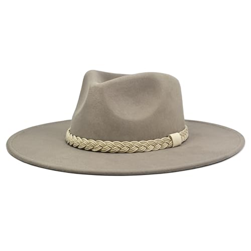 FLUFFY SENSE. Big Wide Brim Boho Western Hat for Women and Men - Felt Rancher Fedora Hat with 4 inches Flat Brim - color: Stone Gray, size: Medium
