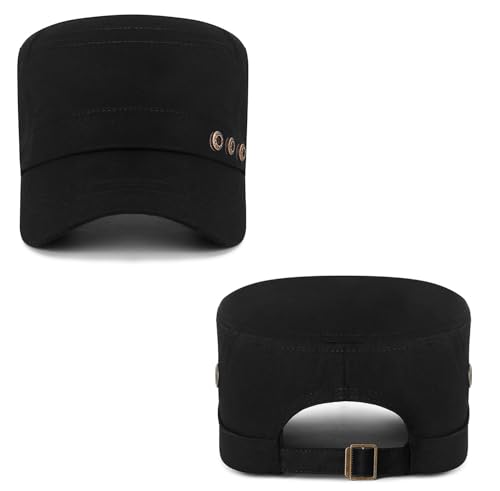 Initlove Cadet Army Cap Military Unisex Flat Top Hat for Men Women - color: 3 Button Black