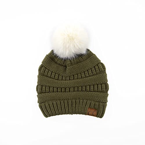 C.C Hatsandscarf Exclusives Unisex Solid Ribbed Beanie with Pom (HAT-43) - color: A-military Oliv/Whit