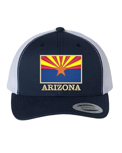 Go All Out Arizona Flag with Classy Gold Trim Arizona Pride Dad Deluxe Trucker Flatbill Baseball Structured Embroidered Hat - color: Navy/ White