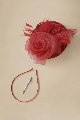 BABEYOND Fascinators Hats for Women Tea Party Mesh Flower Pillbox Derby Hat - color: Red