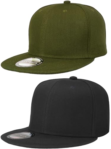 Falari Classic Snapback Hat, 2-Pack, Flat Bill, Adjustable Size, Hip Hop Style - color: Black & Army Green