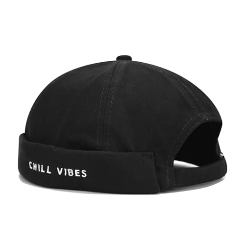 Mens Docker Cap Brimless Skullcap Sailor Cap Rolled Cuff Retro Beanie Hat - color: Black