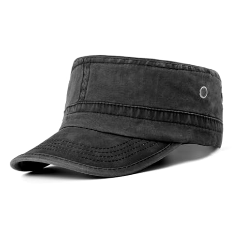 meioro Military Cadet Army Cap Vintage Washed Cotton Flat Top Hat - color: Black
