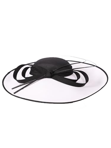 Big Wide Brim Fascinator Hats for Women Ladies Kentucky Tea Party Dress Flat Top Fedoras Hat with Bow Feather - color: Black With White
