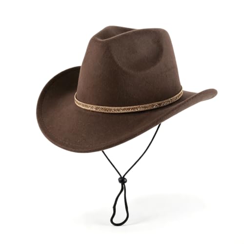 Vintage Western Cowboy Hat, Wide Brim Cowboy Hat with Braided Rope for Men and Women, Fashion Cowboy Accessories, Size:L, Brown (Brown-Shining Belt)
