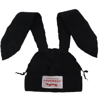 Womens Beanie Hat Winter Cuffed Knit Hats with Cat Ears Thick Warm Y2k Skull Caps Mens Ski Hat - color: Black-ear