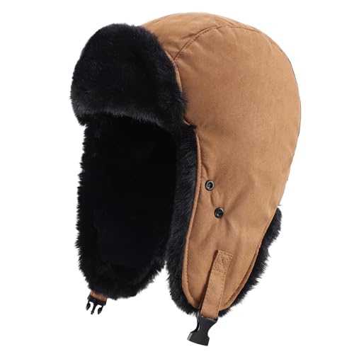 Connectyle Aviator Trapper Hat for Men Women Faux Fur Warm Winter Hat with Ear Flaps Faux Suede Ushanka Cold Weather Hats - color: Brown