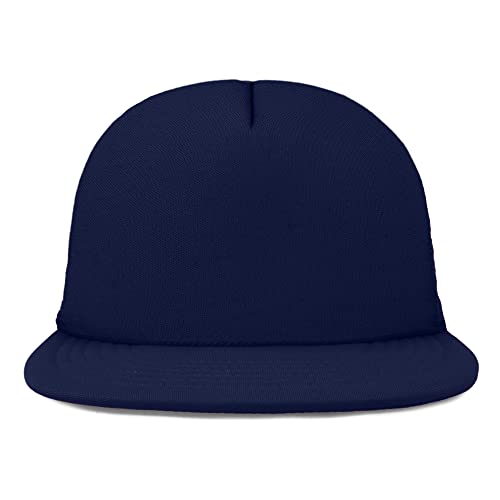 DALIX Flat Billed Trucker Hat Mesh Back S M L Adjustable Cap Solid Two Toned Snapback - color: Navy Blue, size: One Size