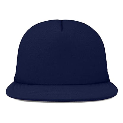 DALIX Flat Billed Trucker Hat Mesh Back S M L Adjustable Cap Solid Two Toned Snapback - color: Navy Blue, size: One Size