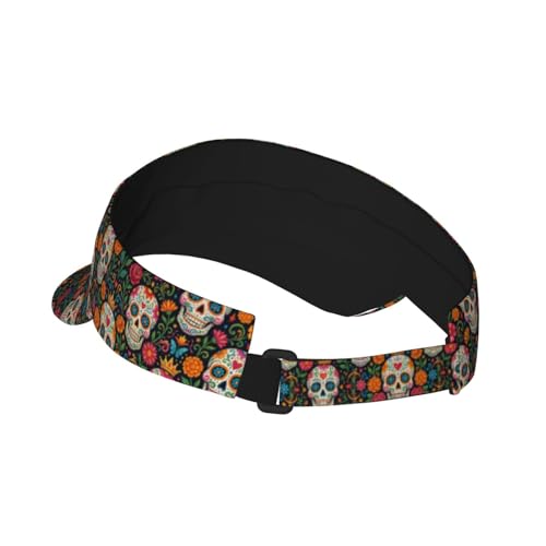 Sports Sun Visor Hat for Men Women, Adjustable Breathable Golf Tennis Cap - color: Mexican Flowers Skull