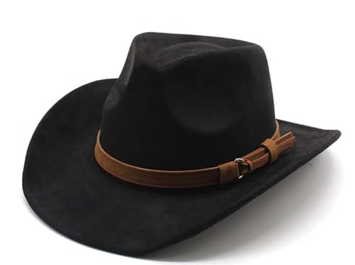 Unisex Western Suede Cowboy Cowgirl Hat Classic Wide Brim Fedora Hat for Men &Women - color: Black