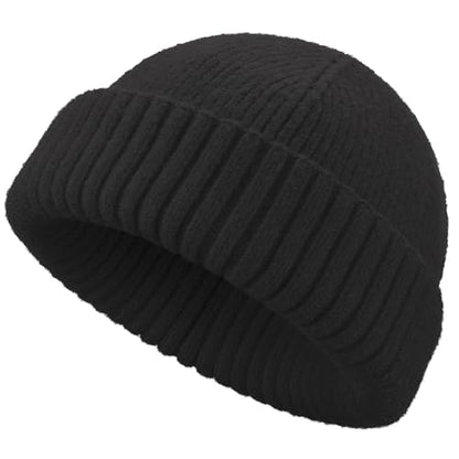 Wool Short Fisherman Beanie for Men Women Double Cuffed Skull Caps - color: 1pcs-black