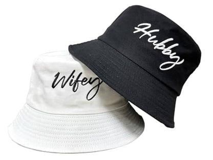 XYIYI 2 Pack Unisex Bucket Hat for Women Men Summer Beach Fishing Hat Sun Hat - color: Hubby Wifey Black White