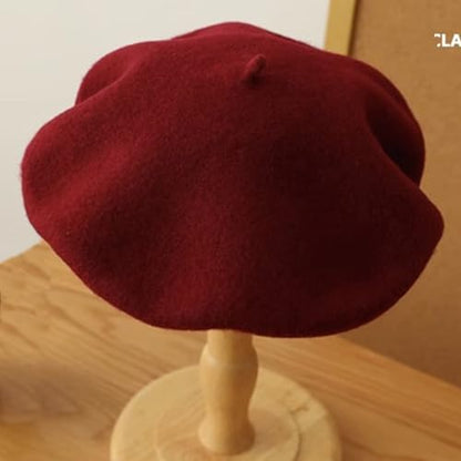 Womens Wool French Beret Chic Solid Beanie Hat Stretchable Classic Beret - color: Claret