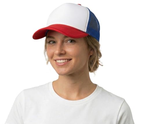 NYFASHION101 Plain Mesh Trucker Hat - Breathable 6-Panel Daily Snapback Cap, Customizable Ideal for DIY Embroidery & Patches - color: White/Red/Royal