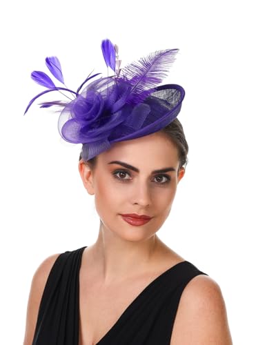 SAFERIN Women's Fascinators Feathers Tea Party Hat Veil Headband with Hair Clip for Cocktail Church - color: Ta4-purple