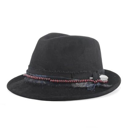 Fedora Trilby Hats for Men Women Handmade 1920s Classic Short Brim Hat with Feathers Unisex - color: Black