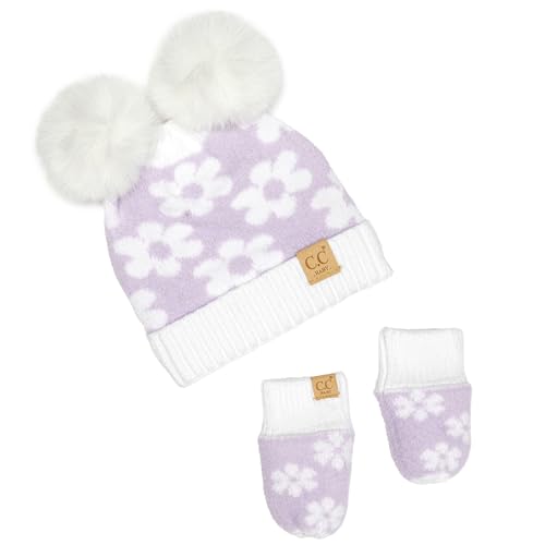 Funky Junque Baby Double Faux Fur Pom Pom Beanie & Mittens Set – Newborn Infant 0–9 Months Winter Hat with Soft Lined Mittens - color: Daisy: Lavender (0-9 Months)