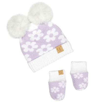 Funky Junque Baby Double Faux Fur Pom Pom Beanie & Mittens Set – Newborn Infant 0–9 Months Winter Hat with Soft Lined Mittens - color: Daisy: Lavender (0-9 Months)
