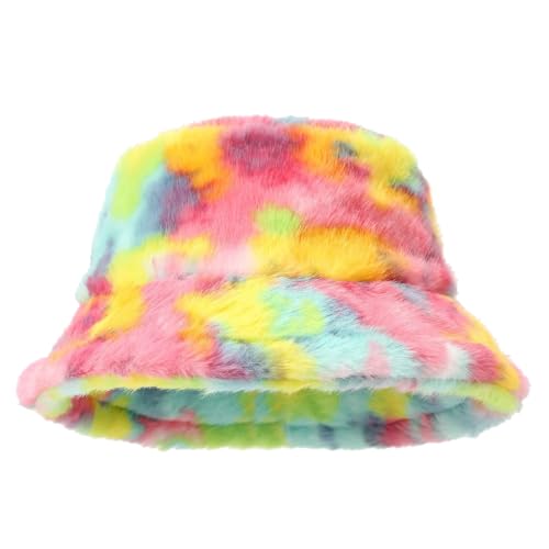 Quanhaigou Winter Faux Fur Bucket Hat,Fuzzy Warm Hat for Women Men, Fluffy Fisherman Cap - color: Tie-dyed Rainbow
